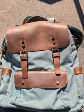 TSD Brand Leather-Trim Canvas Backpack - Brown Leather & Teal Canvas